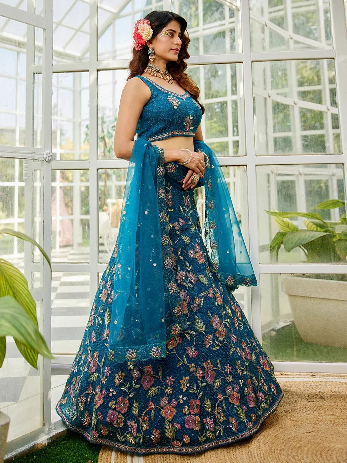 Blue floral embroidered lehenga choli with dupatta, perfect for Indian ethnic wear occasions