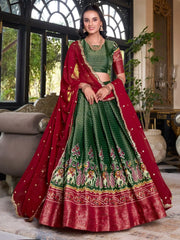 Fantastic Bottle Green Silk Ikat Print Event Wear Lehenga With Blouse - Ethnic Plus In