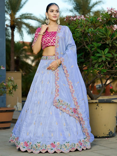 Fantastic Light Blue Thread Work Viscose Engagement Wear Lehenga Choli - Ethnic Plus In