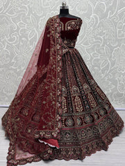 Fantastic Maroon Thread Work Velvet Bridal Lehenga Choli With Double Dupatta - Ethnic Plus In