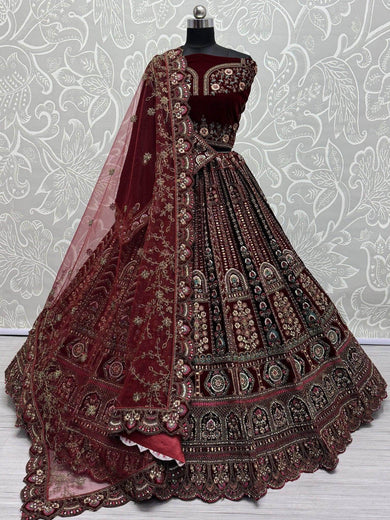 Fantastic Maroon Thread Work Velvet Bridal Lehenga Choli With Double Dupatta - Ethnic Plus In