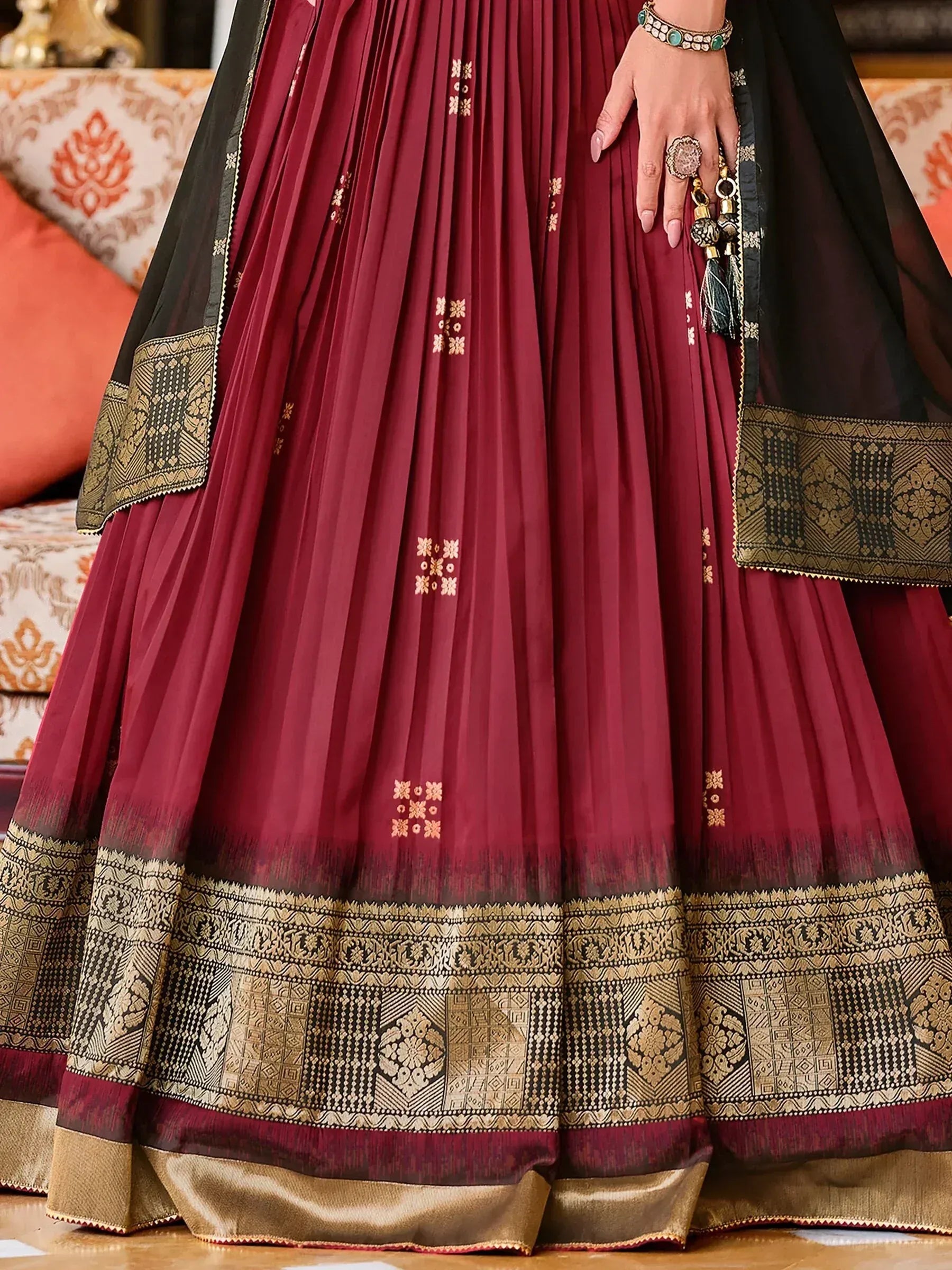Maroon pleated lehenga with gold embroidery and black dupatta, Indian ethnic wear