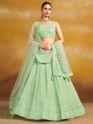 Fantastic Mint Green Thread Embroidered Georgette Designer Lehenga Choli - Ethnic Plus In