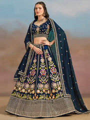 Fantastic Navy Blue Zari Work Georgette Wedding Wear Lehenga Choli - Ethnic Plus In