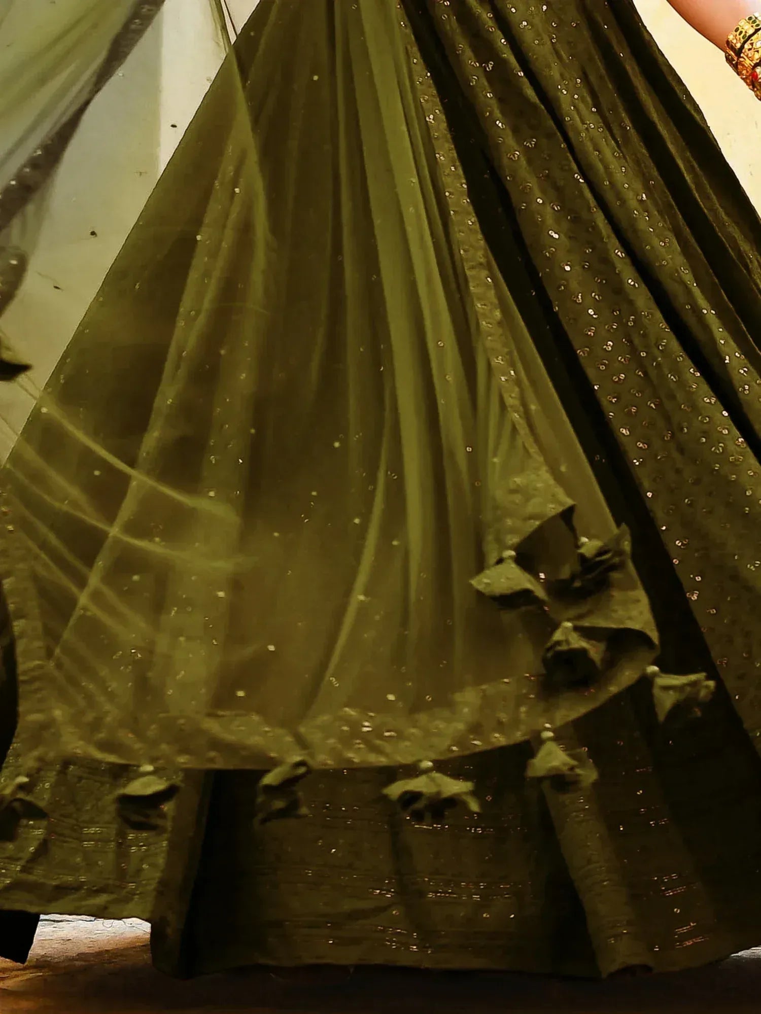 Olive green sequined lehenga with floral tassels and sheer dupatta, Indian ethnic wear