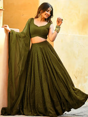 Fantastic Olive Green Sequins Georgette Lehenga Choli With Dupatta - Ethnic Plus In