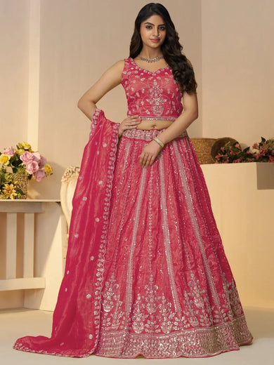Fantastic Pink Sequins Silk Engagement Wear Lehenga Choli With Dupatta - Ethnic Plus In