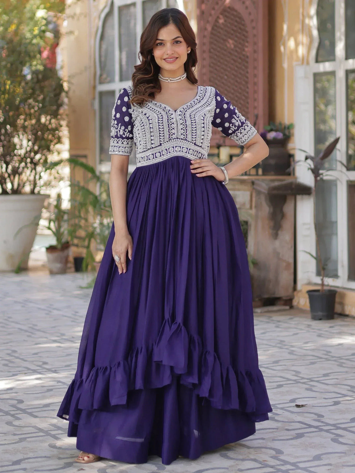 Purple ethnic gown with silver embroidery, perfect for Indian occasions and festive wear