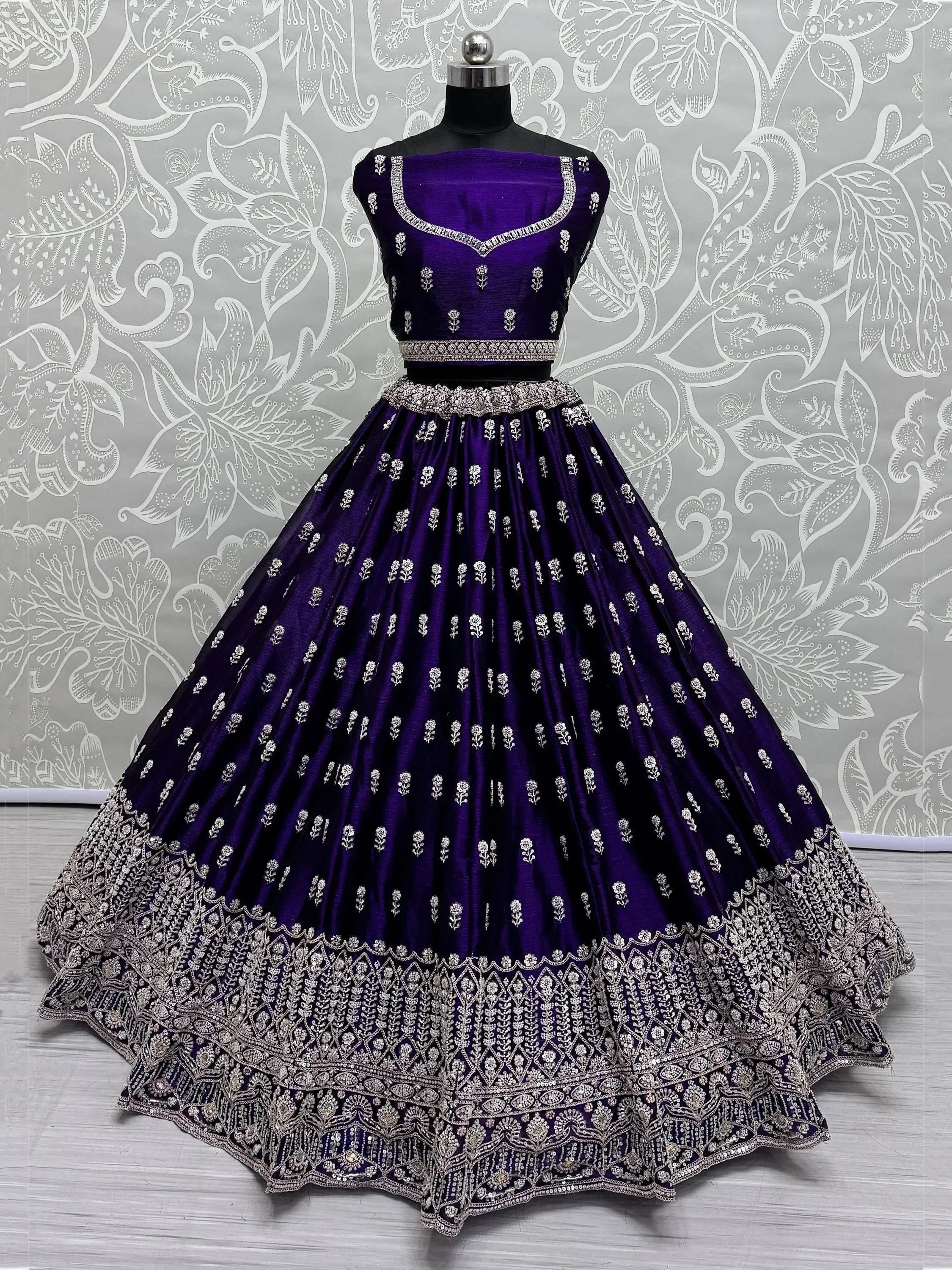Purple designer lehenga choli with silver embroidery, perfect for Indian ethnic wear occasions