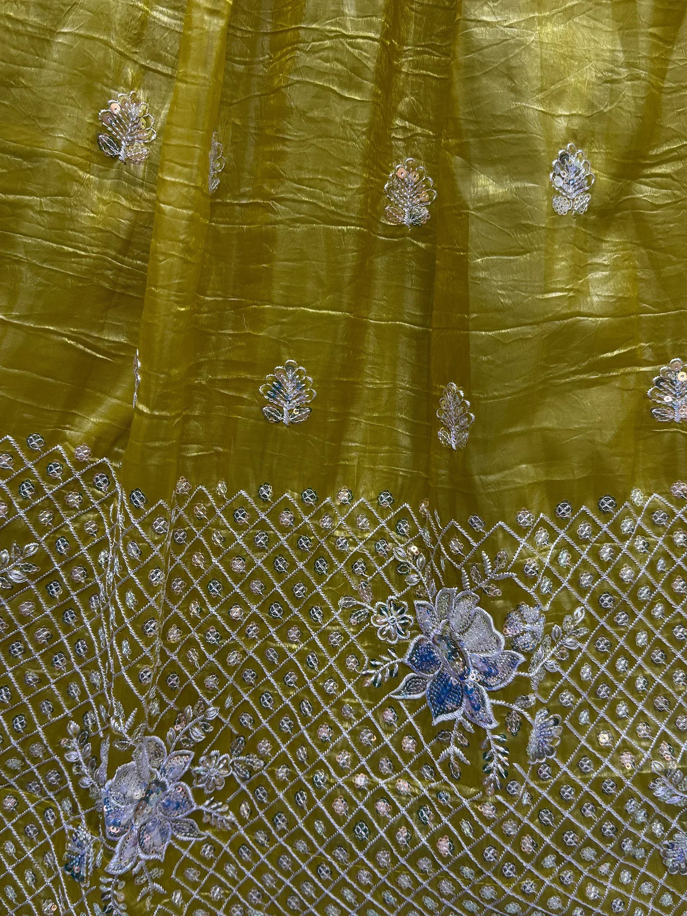 Olive green ethnic wear with silver floral embroidery and sequin detailing for lehenga or saree
