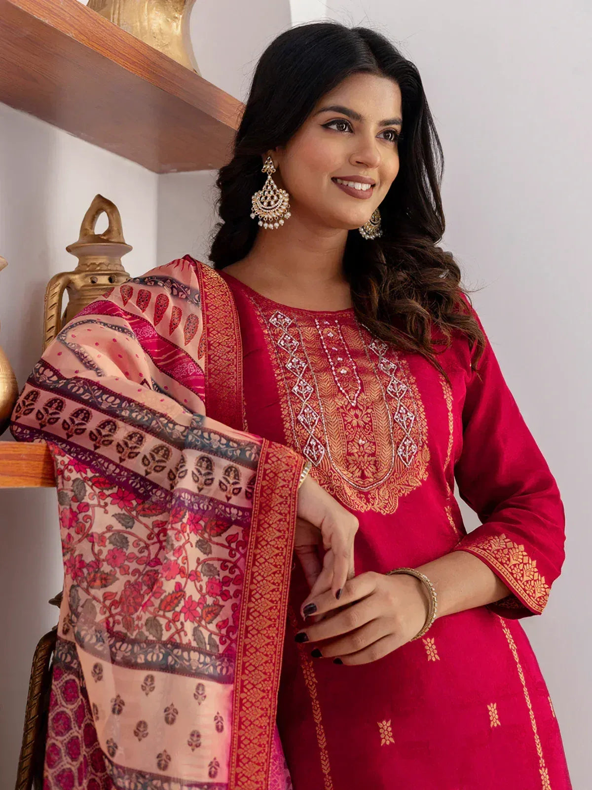 Red embroidered ethnic kurti with floral dupatta, perfect for Indian wear occasions