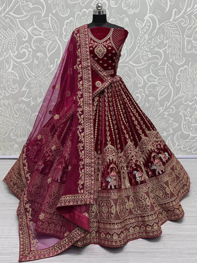 Fantastical Rani Pink Velvet Bridal Lehenga Choli With Double Dupatta - Ethnic Plus In