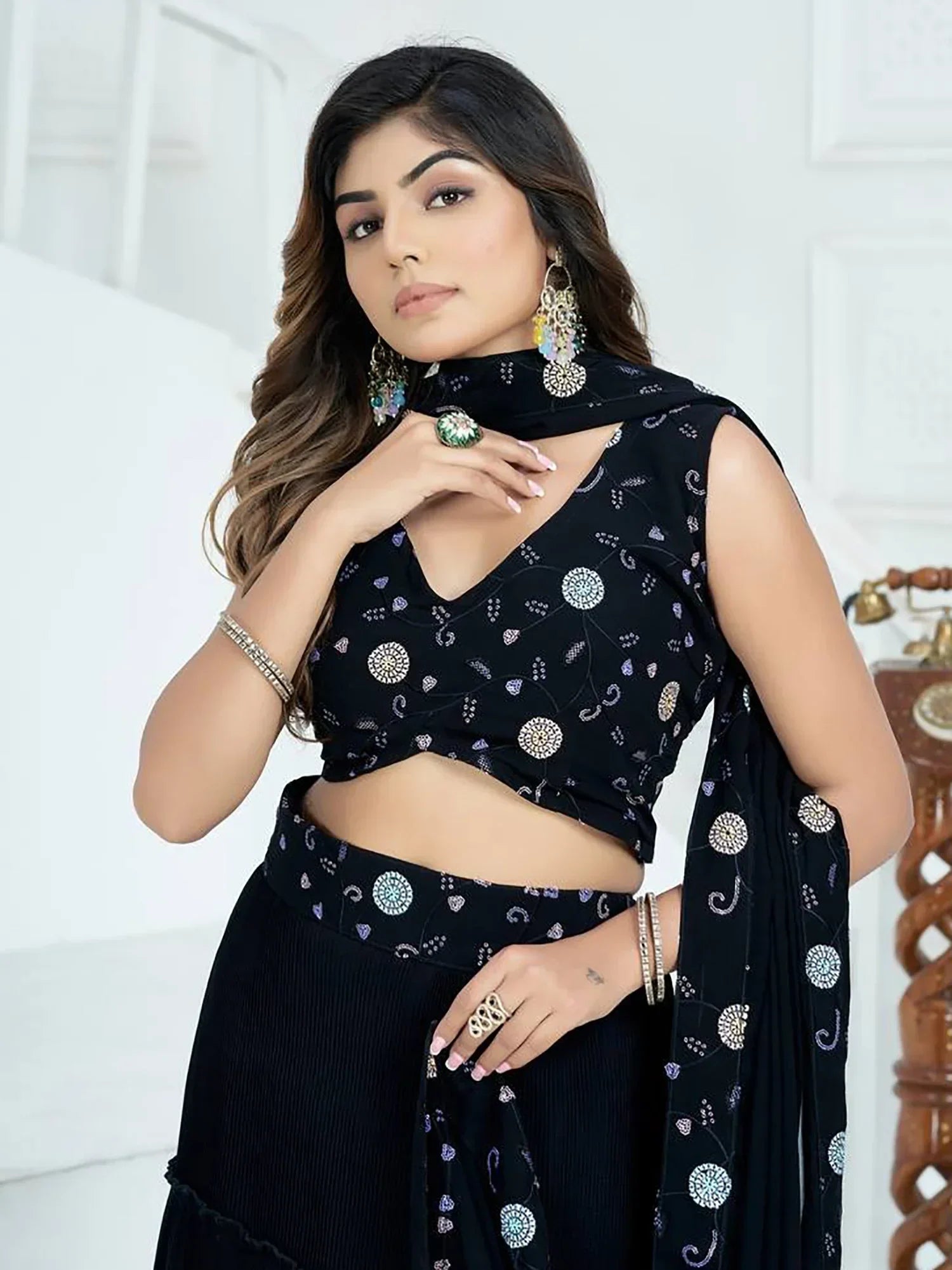Black embroidered lehenga choli with matching dupatta, perfect for Indian ethnic wear occasions
