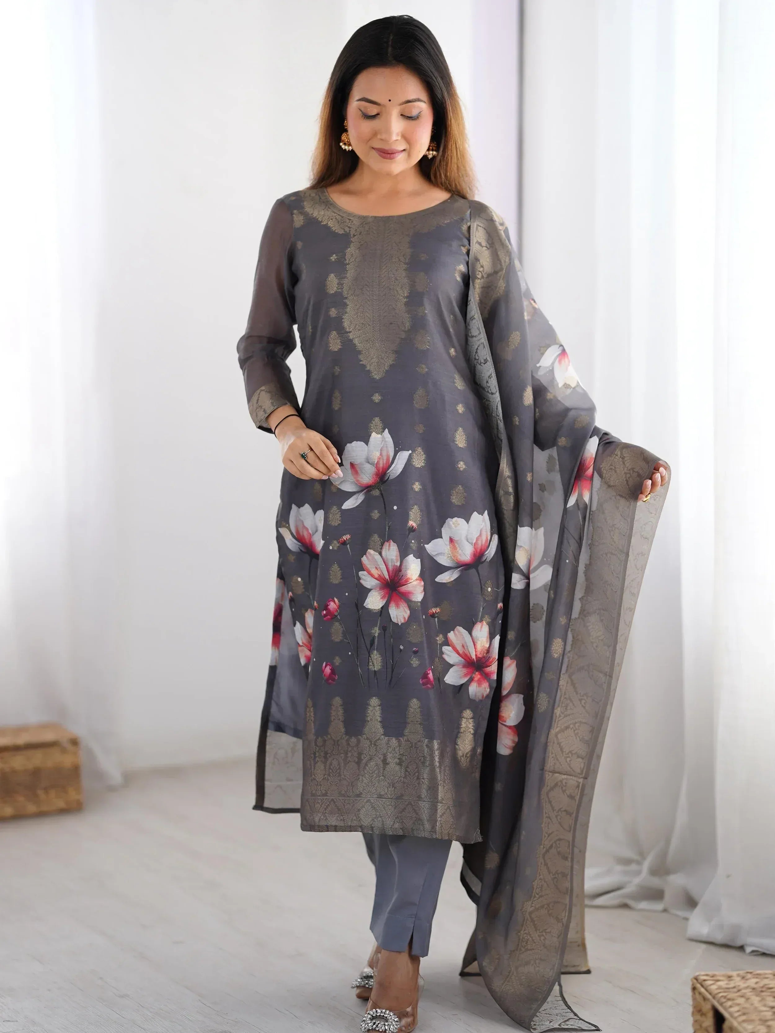 Grey floral print salwar kameez with gold embroidery and matching dupatta, ethnic Indian wear