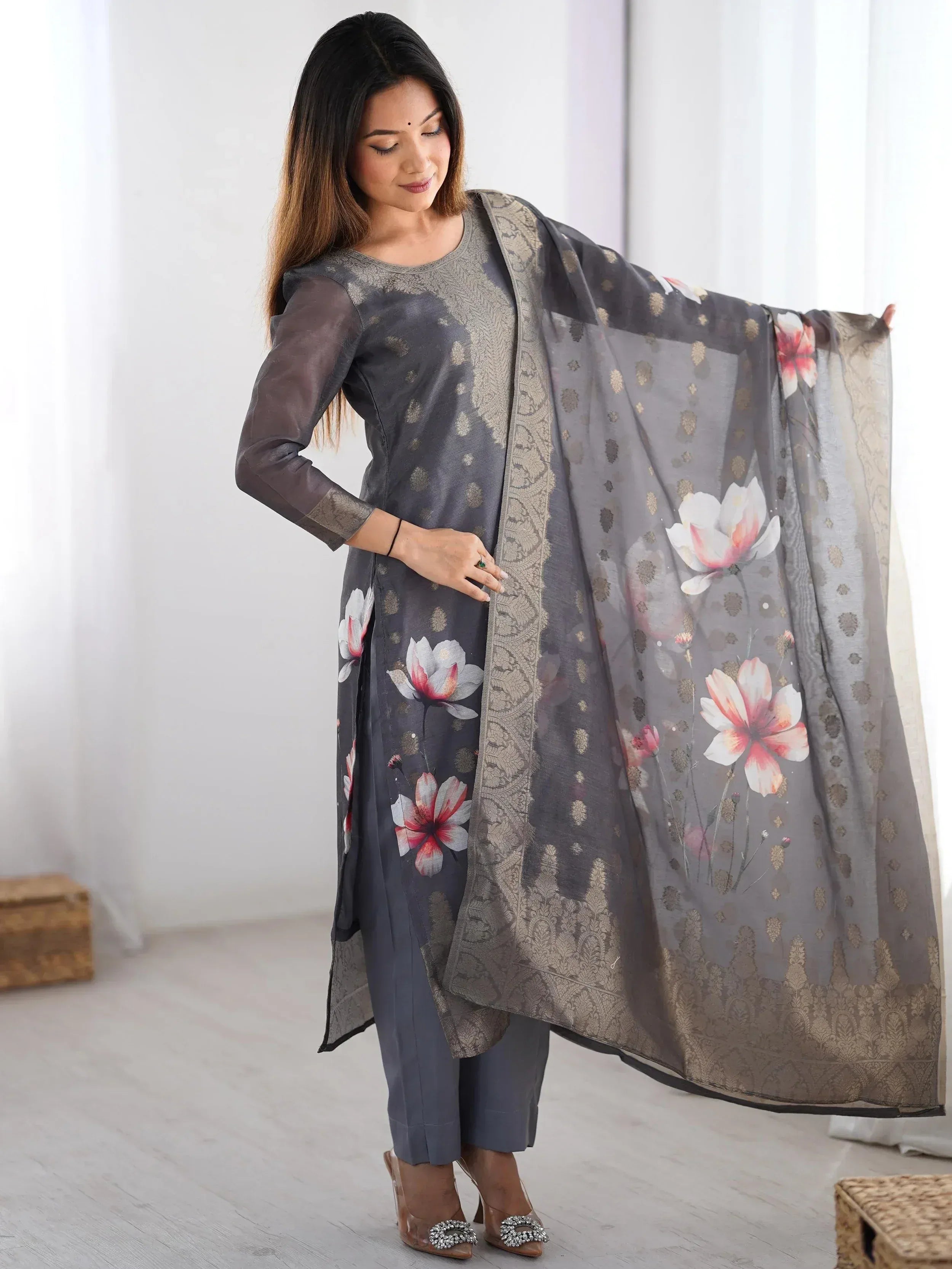 Grey floral print kurta with matching palazzo and dupatta, Indian ethnic wear