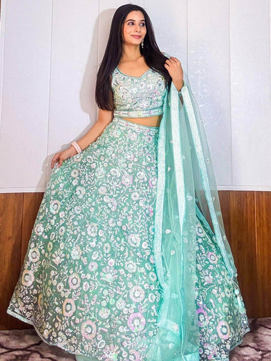 Fascinating Blue Sequins Net Reception Wear Lehenga Choli With Dupatta - Ethnic Plus In