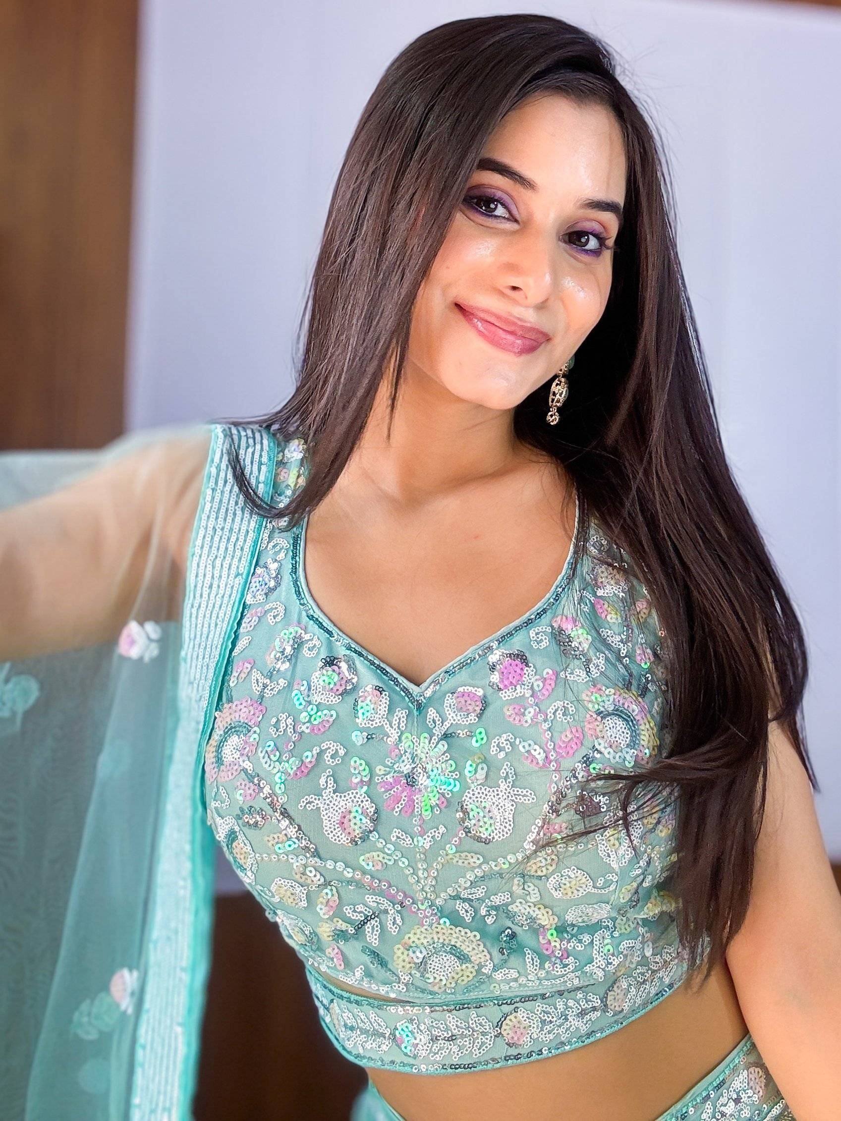 Mint green sequin embroidered lehenga choli top with matching dupatta, Indian ethnic wear