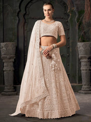 Fascinating Cream Zarkan Work Net Wedding Lehenga Choli With Dupatta - Ethnic Plus In