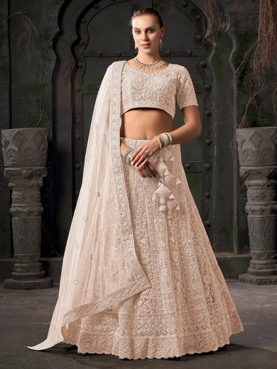 Fascinating Cream Zarkan Work Net Wedding Lehenga Choli With Dupatta - Ethnic Plus In