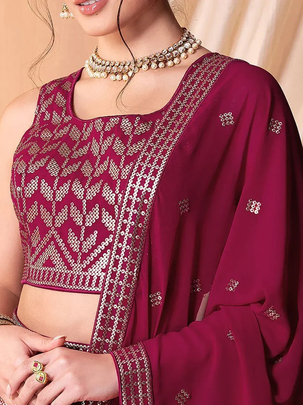 Maroon embroidered crop top with matching dupatta, Indian ethnic wear, designer lehenga choli