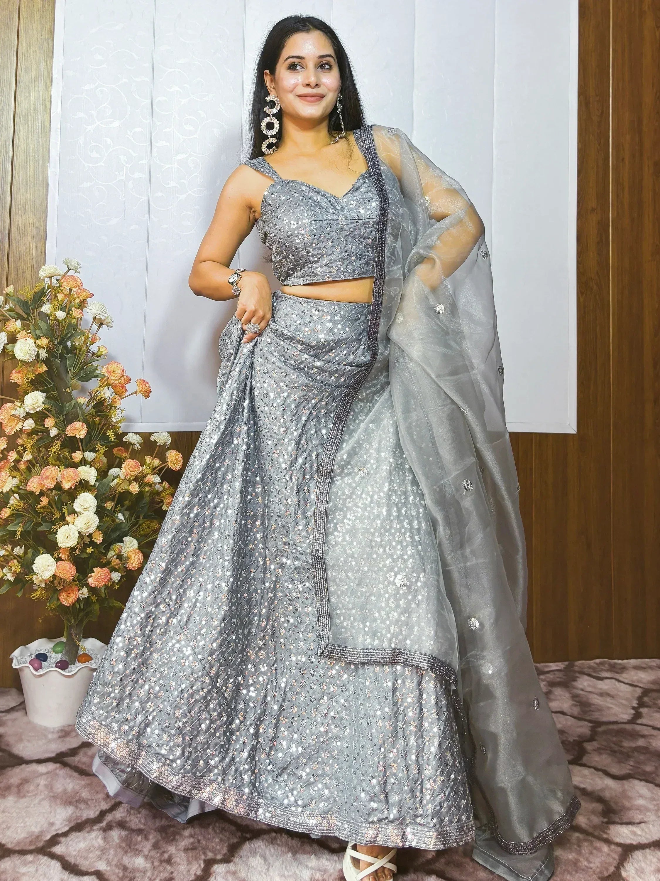 Grey sequin lehenga choli with sheer dupatta, Indian ethnic wear for women