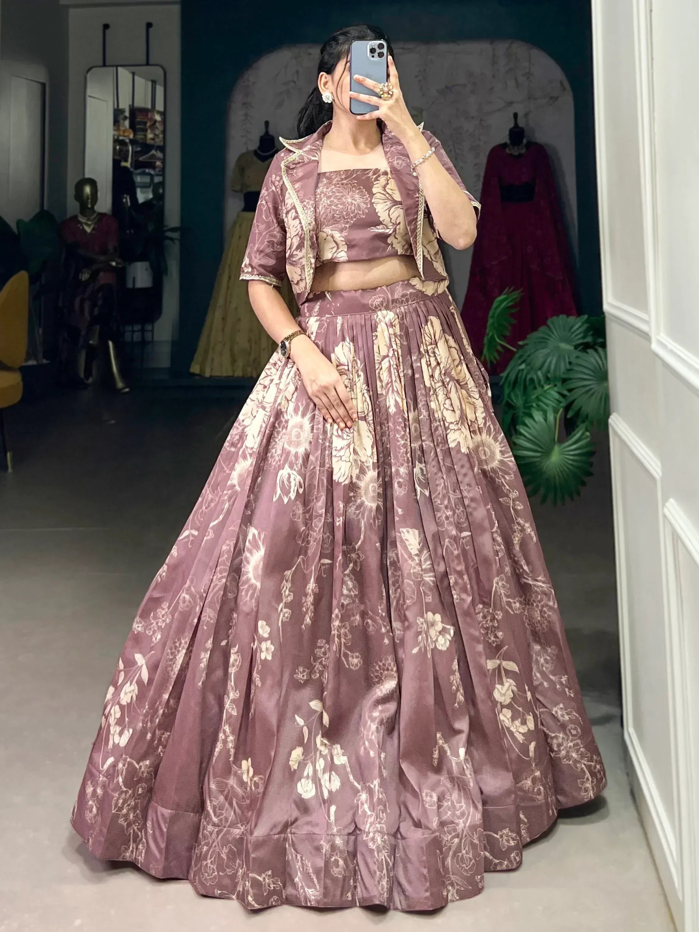 Mauve floral lehenga choli with matching jacket, perfect for Indian ethnic wear occasions