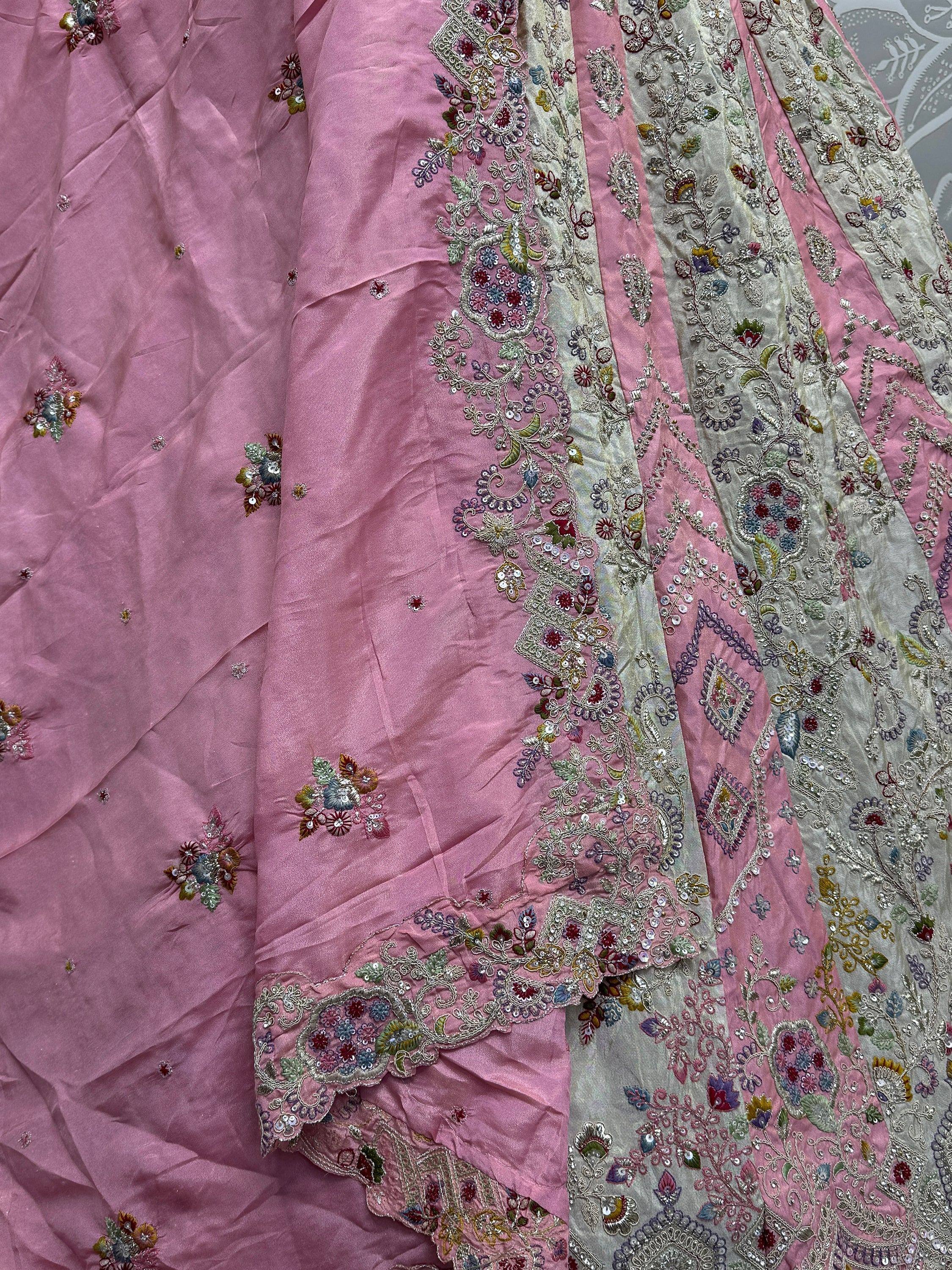 Pink and beige embroidered lehenga with floral zari work and sequins, perfect for Indian ethnic wear