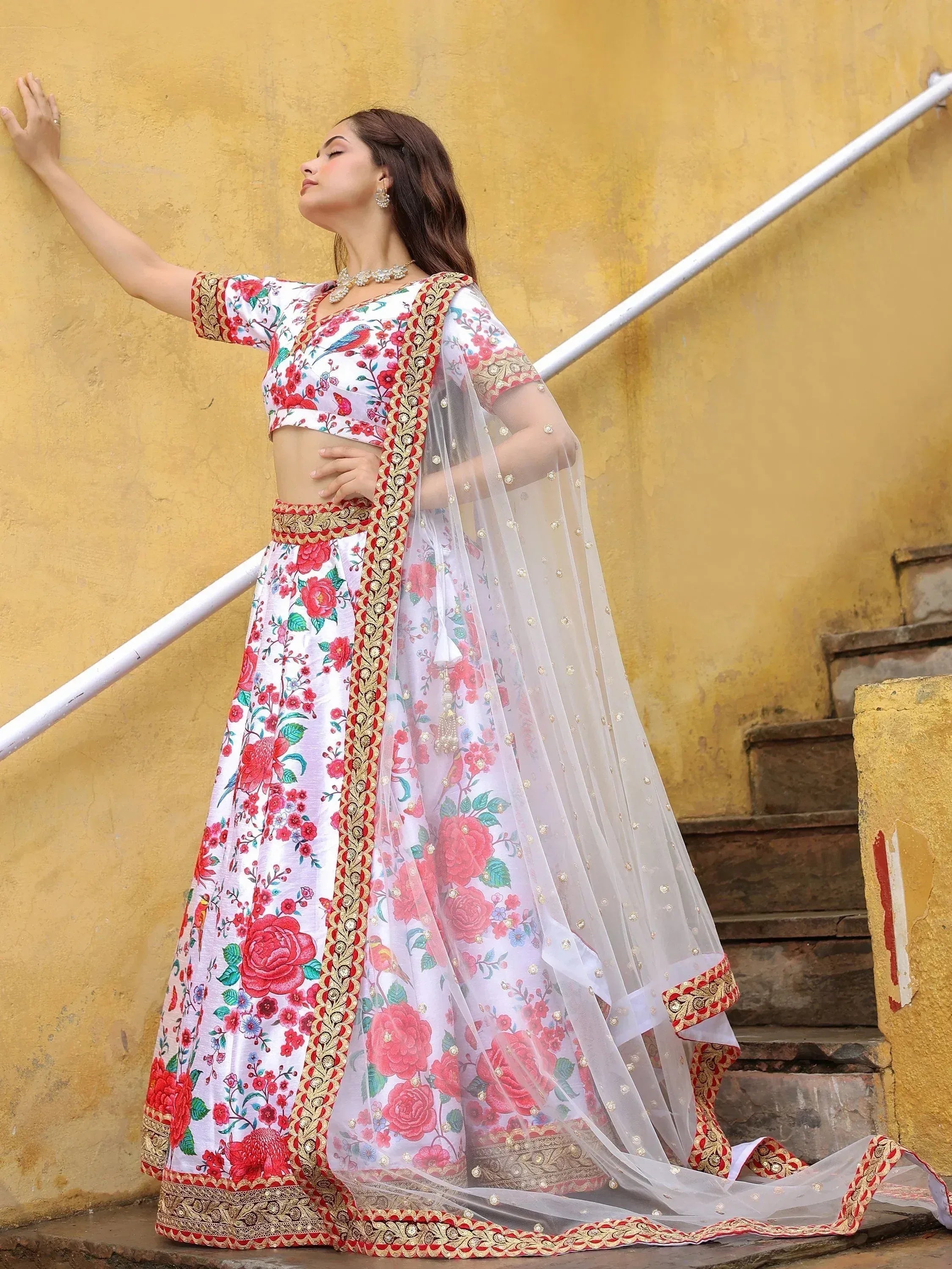 White floral lehenga choli with red gold embroidery, sheer dupatta, ethnic Indian wear