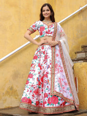 Fascinating Off White Floral Printed Art Silk Event Wear Lehenga Choli - Ethnic Plus In