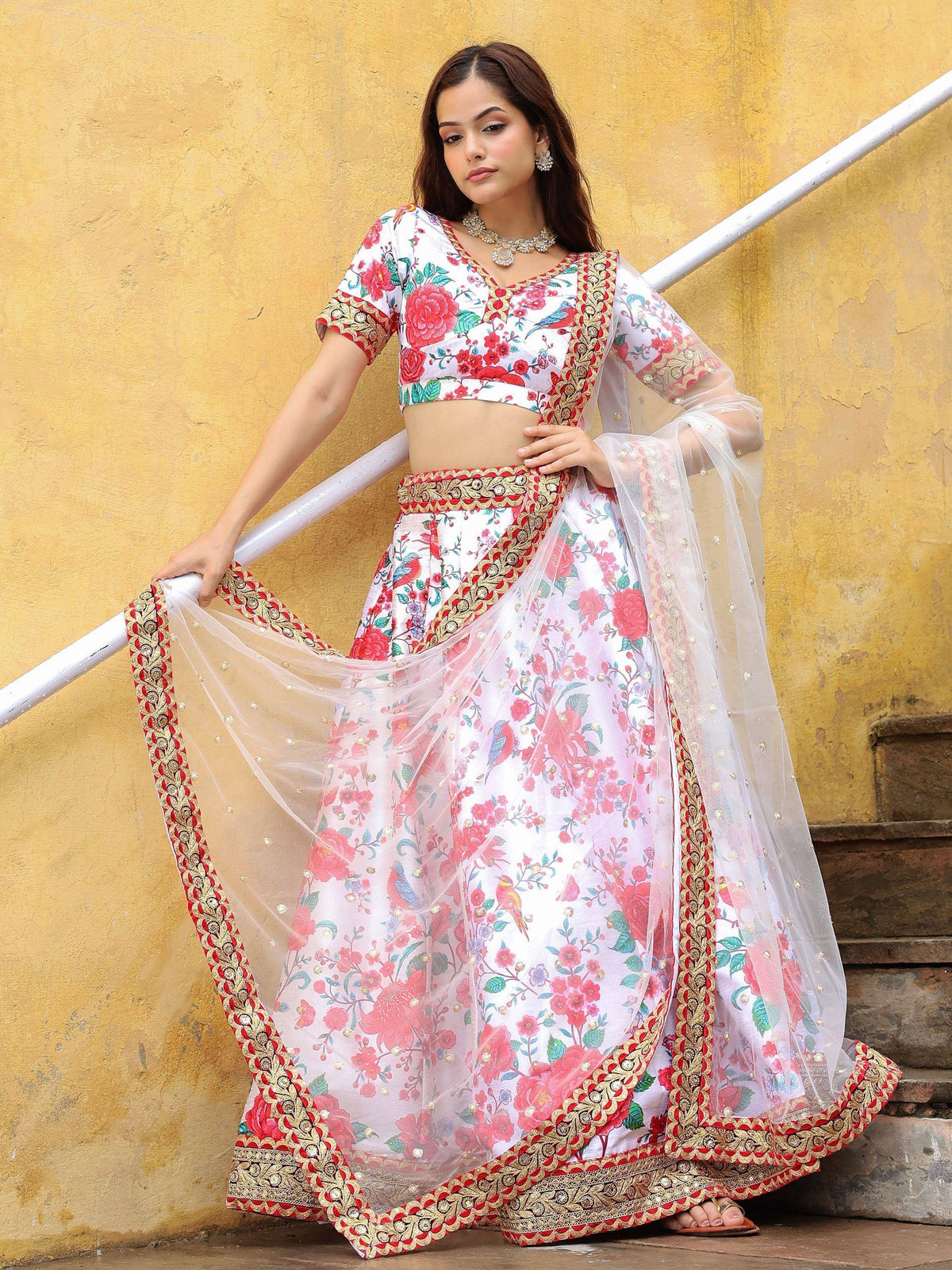 Floral print lehenga choli with gold embroidery, sheer dupatta, perfect for Indian ethnic occasions
