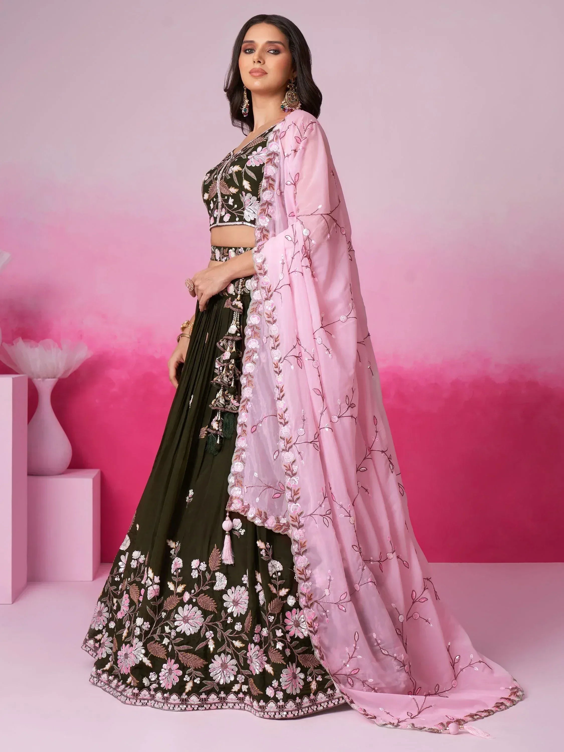 Olive green embroidered lehenga choli with pink floral dupatta, Indian ethnic wear