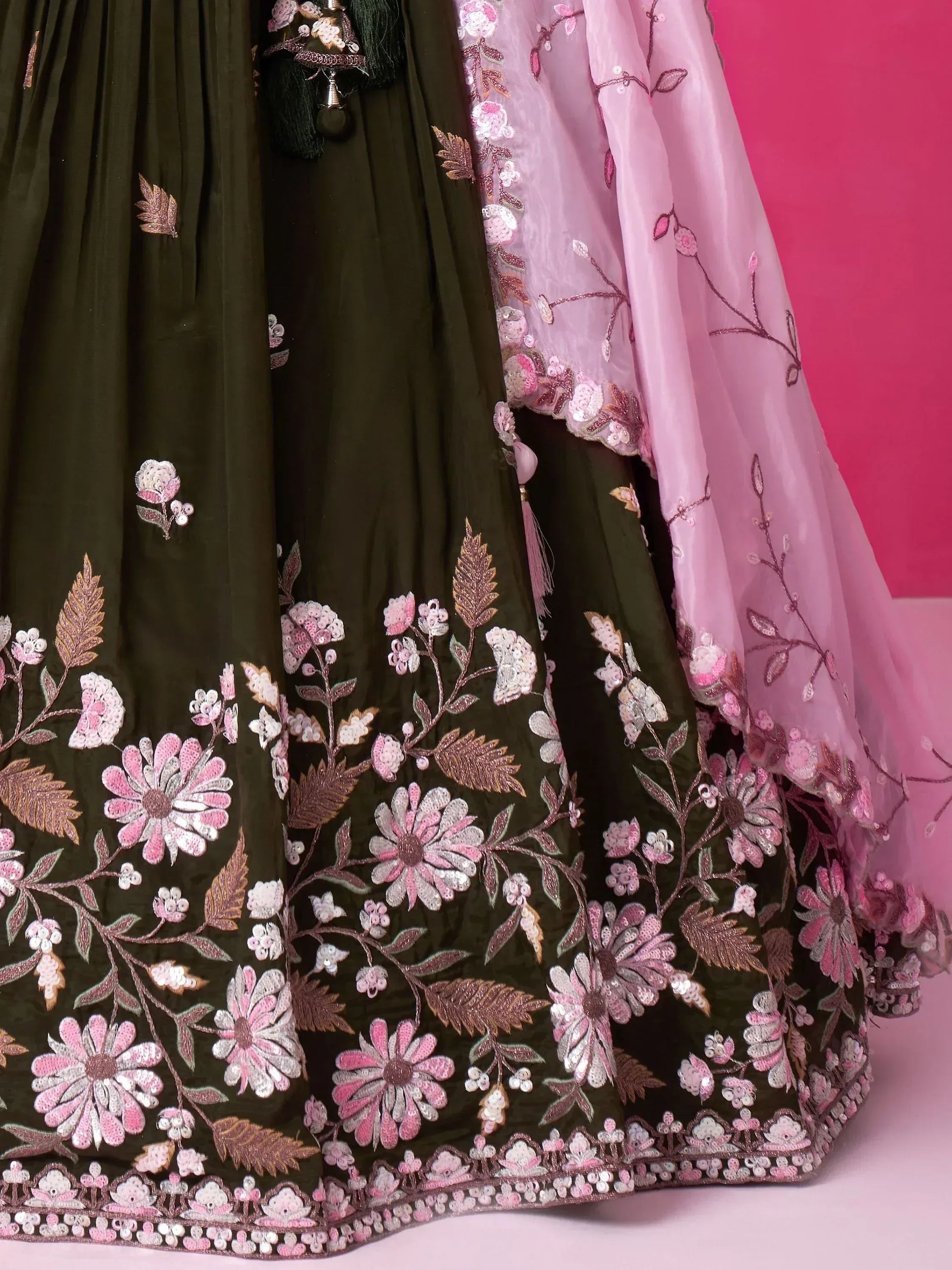 Olive green lehenga with pink floral embroidery and matching dupatta, Indian ethnic wear