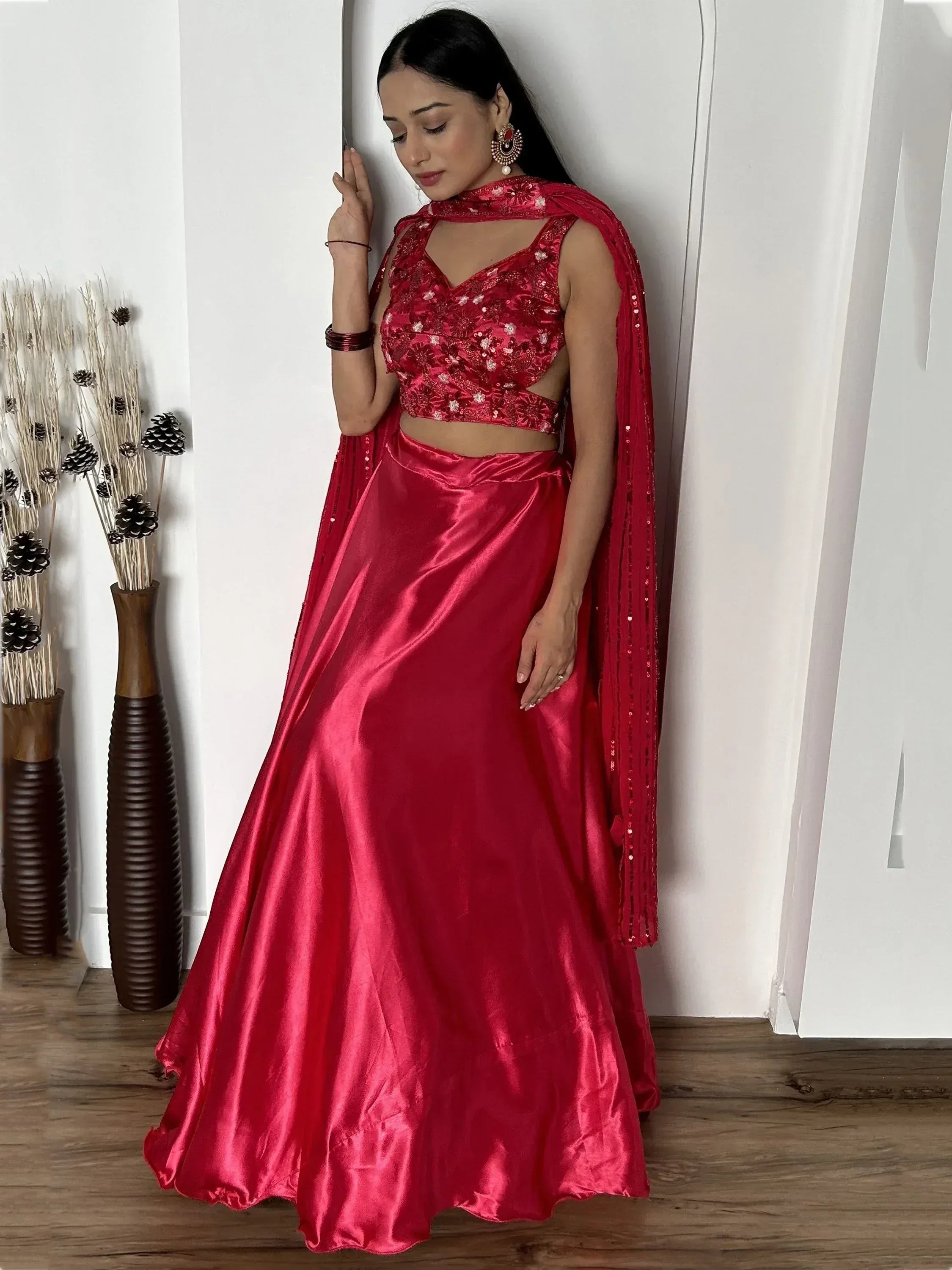 Red satin lehenga choli with sequin blouse and dupatta, Indian ethnic wear for women