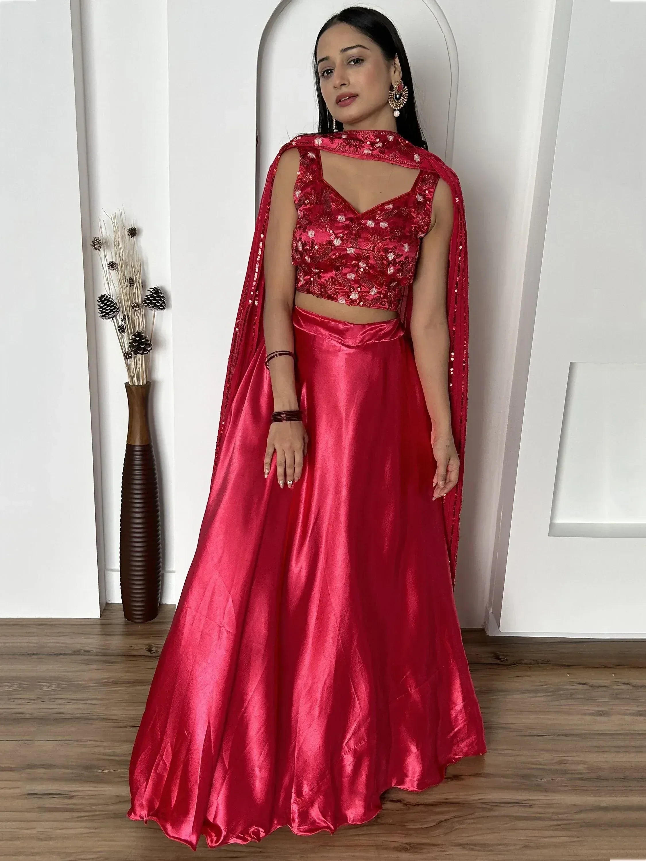 Red sequin lehenga choli with cape, Indian ethnic wear for weddings and parties
