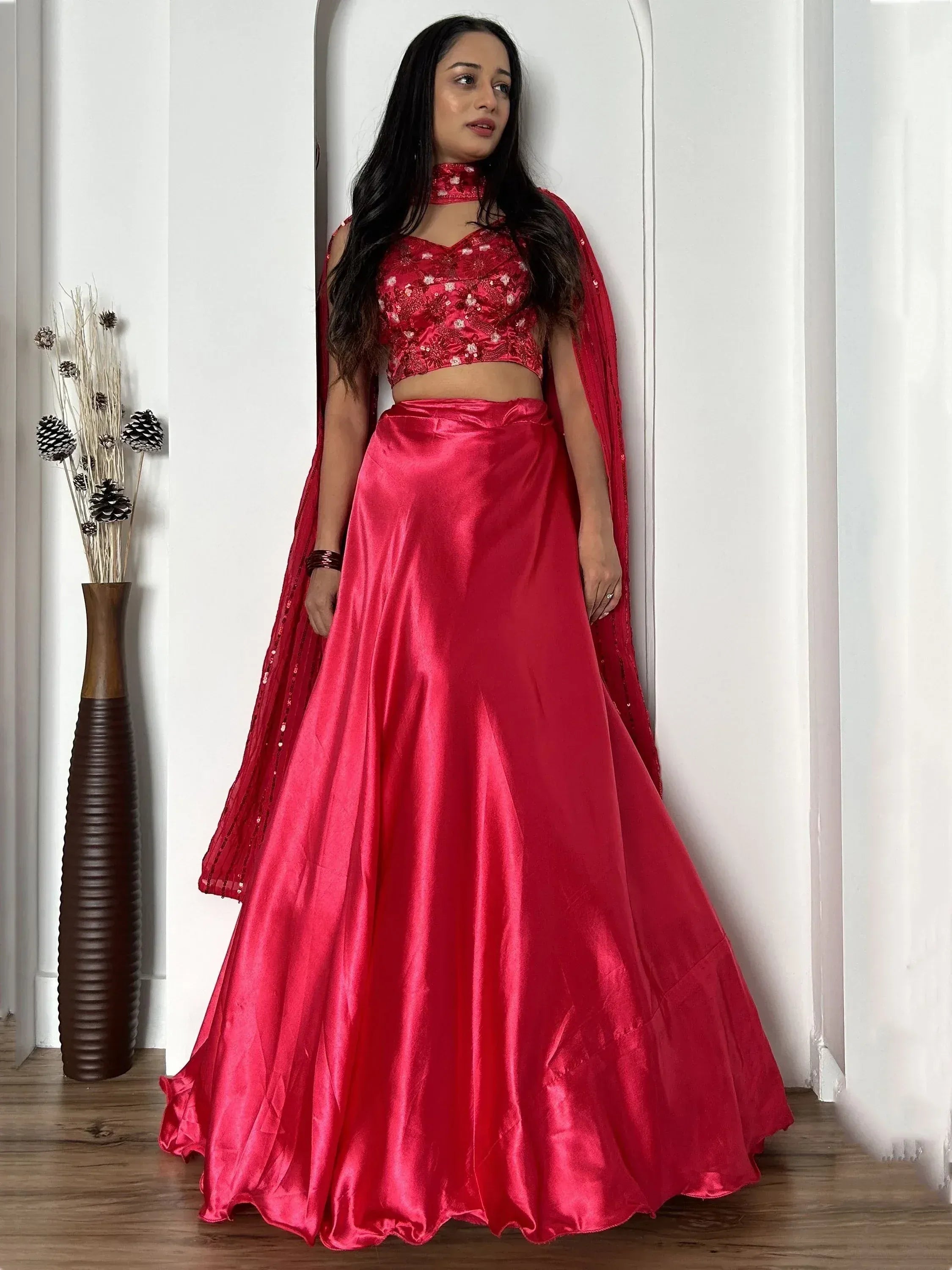 Red satin lehenga choli with floral embroidery and sequin dupatta, Indian ethnic wear