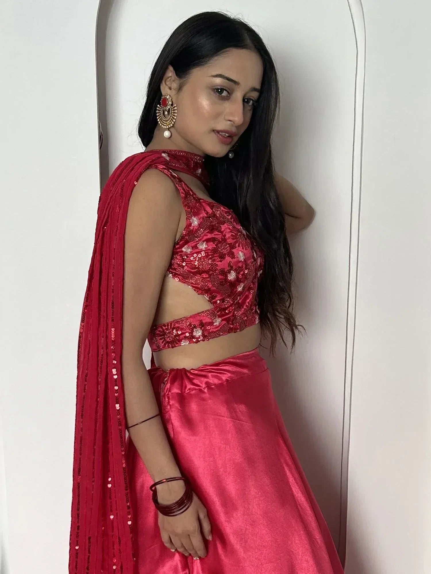 Red sequin lehenga choli with matching dupatta, ethnic Indian wear for women
