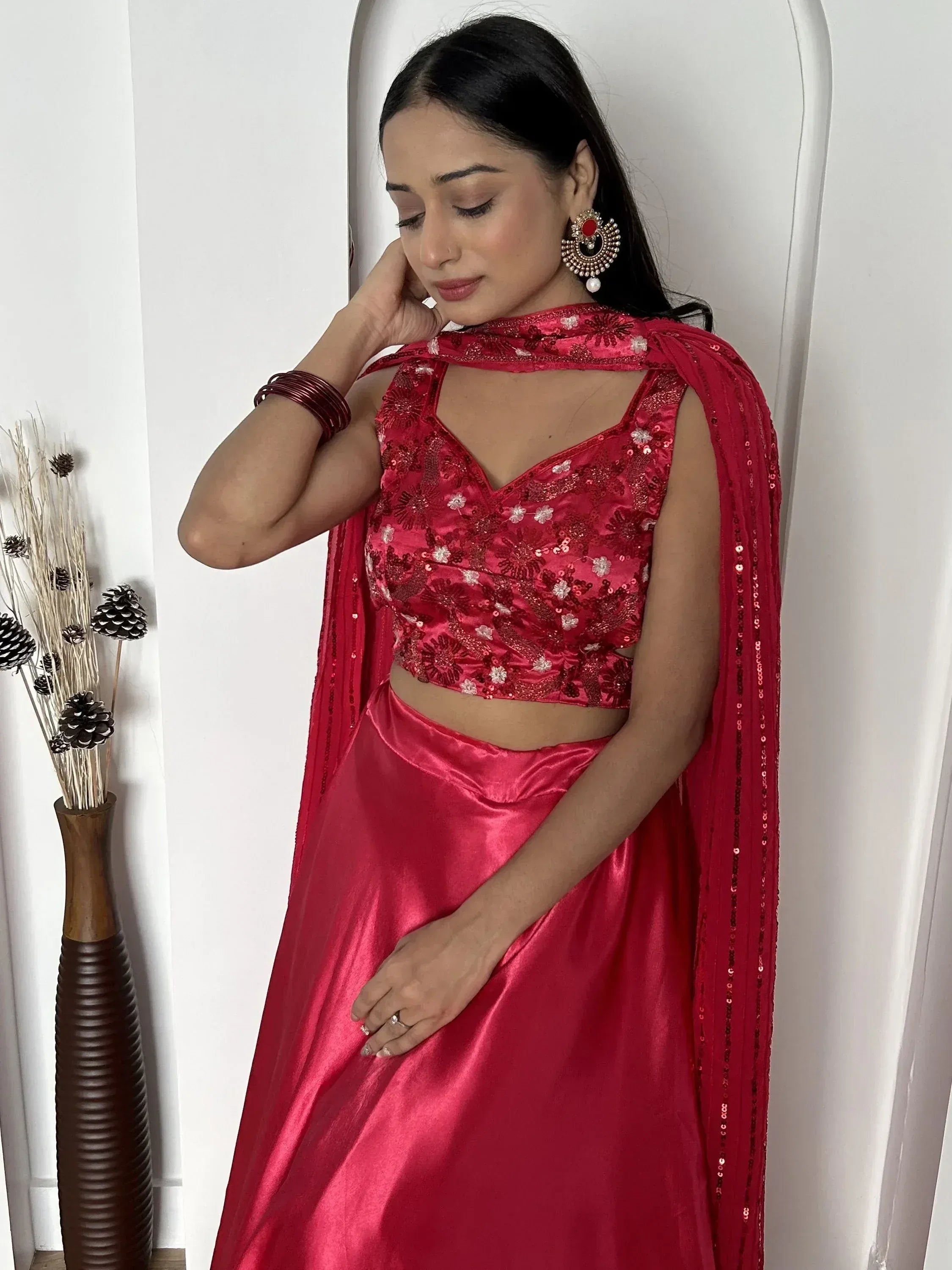 Red sequin lehenga choli with floral embroidery and matching dupatta, Indian ethnic wear