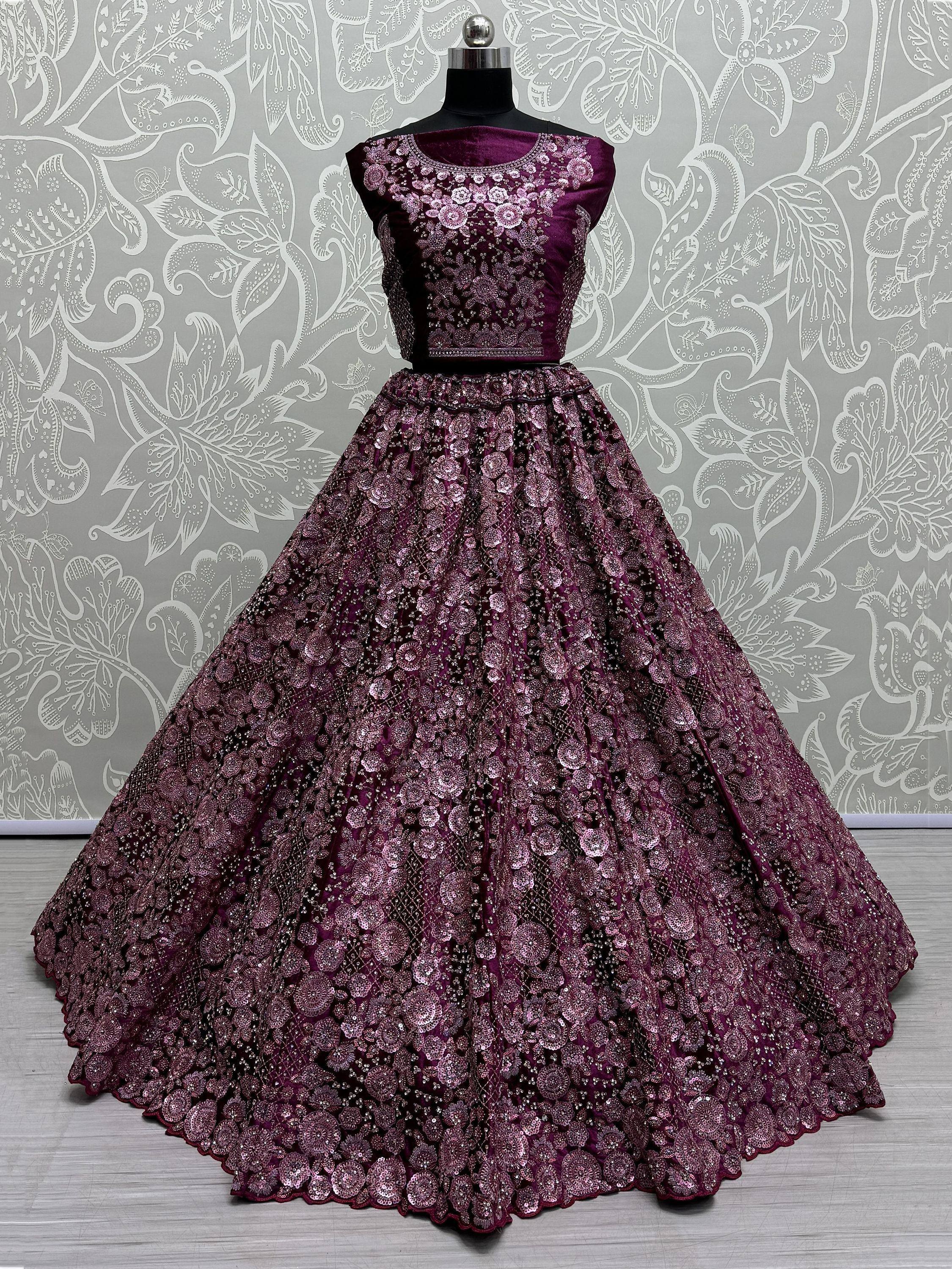 Purple embroidered lehenga choli with floral sequin work, perfect for Indian ethnic occasions