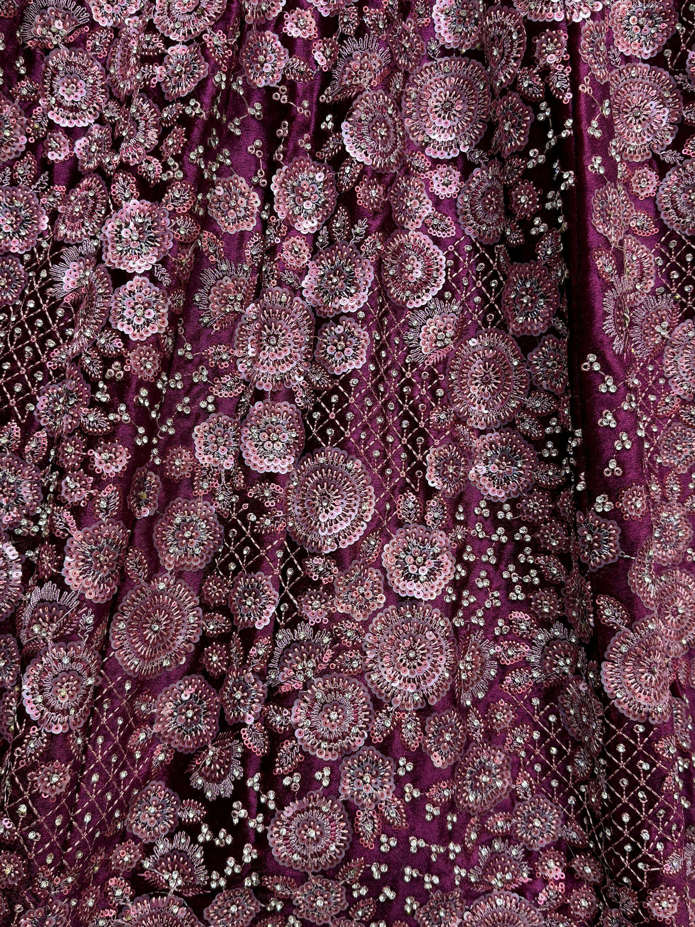 Purple ethnic wear fabric with floral sequin and bead embroidery for lehenga or saree