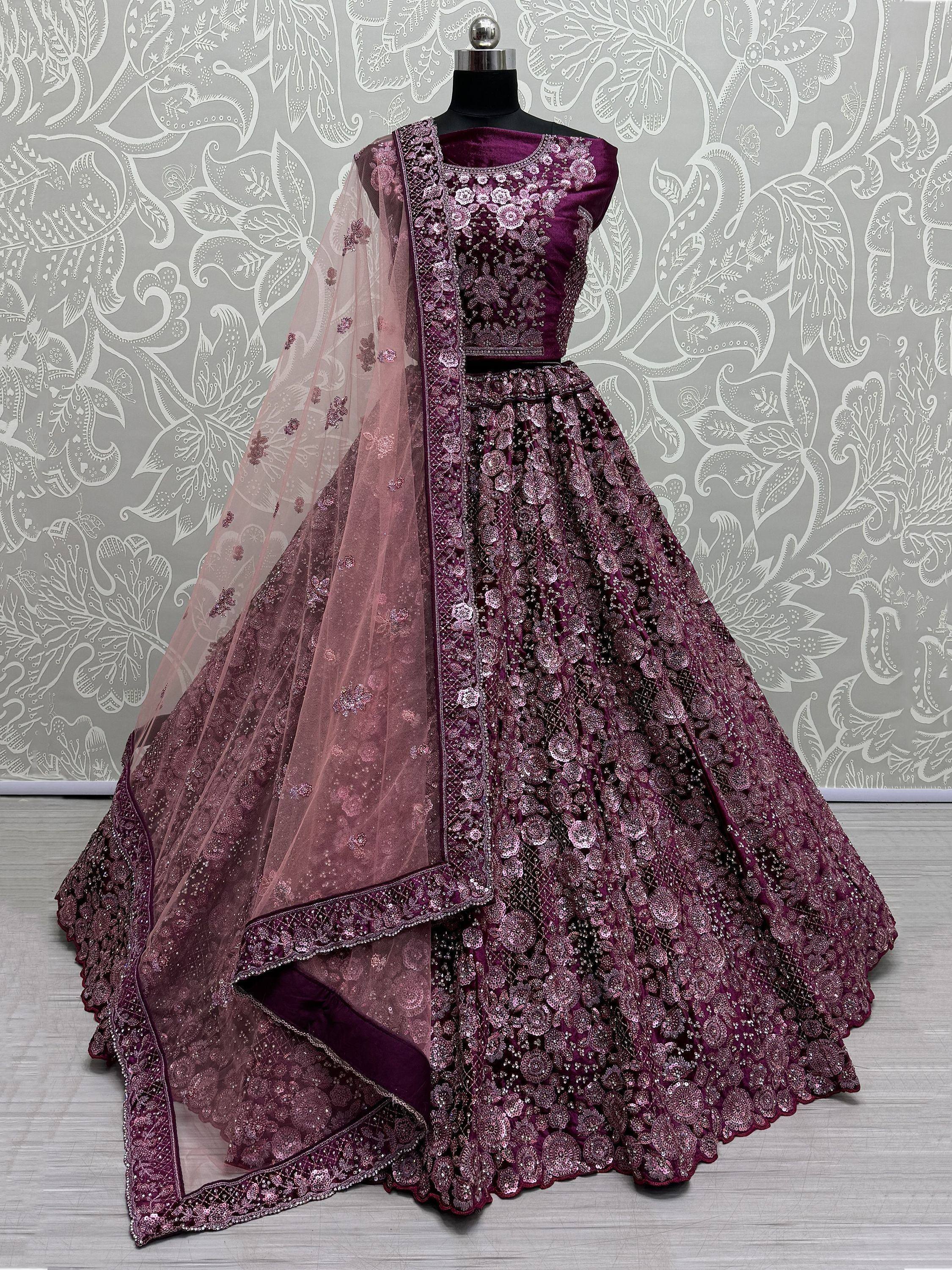 Purple embroidered lehenga choli with sheer dupatta, designer Indian ethnic wear
