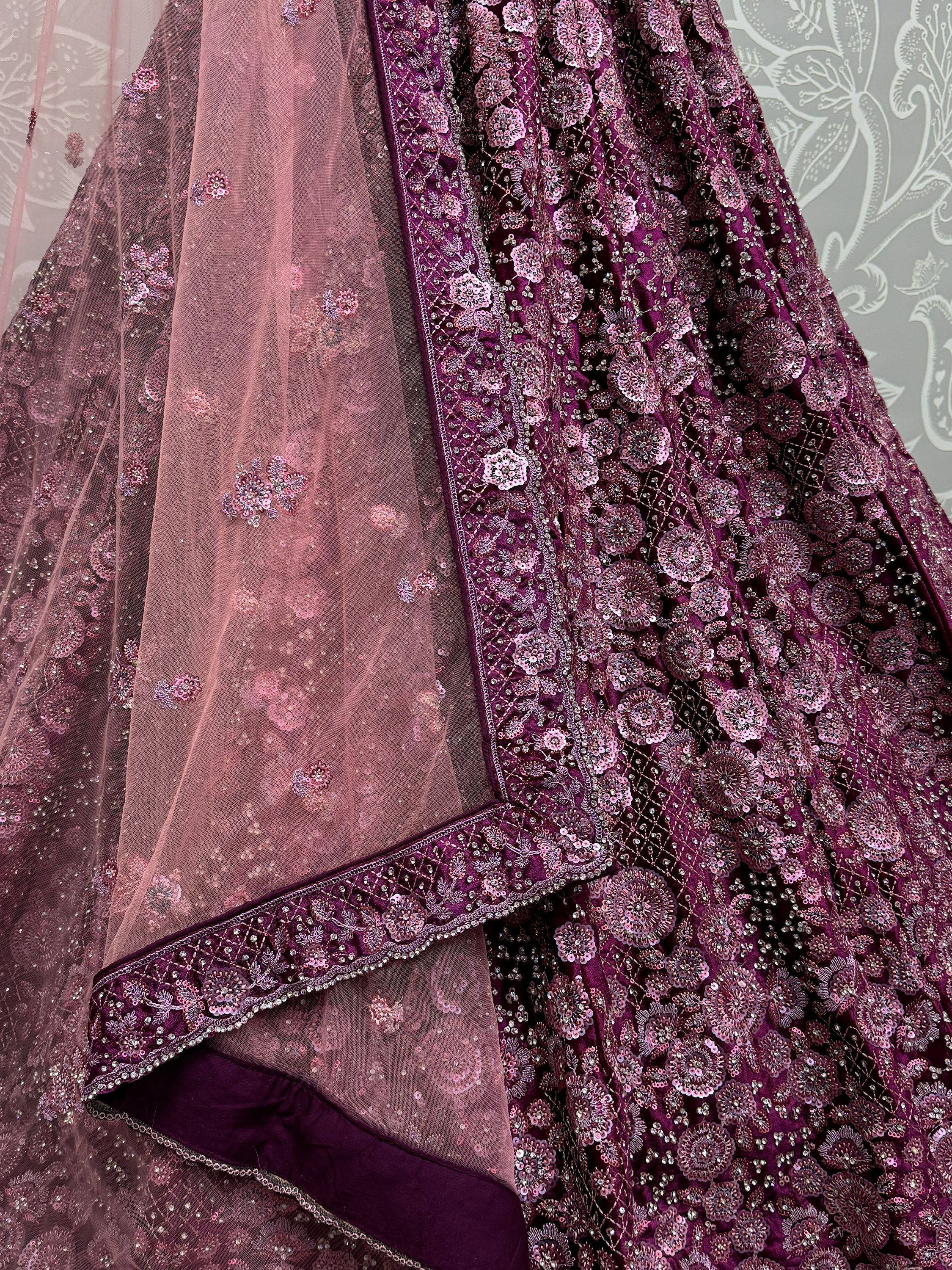 Purple velvet lehenga choli with floral embroidery and sheer dupatta, Indian ethnic wear
