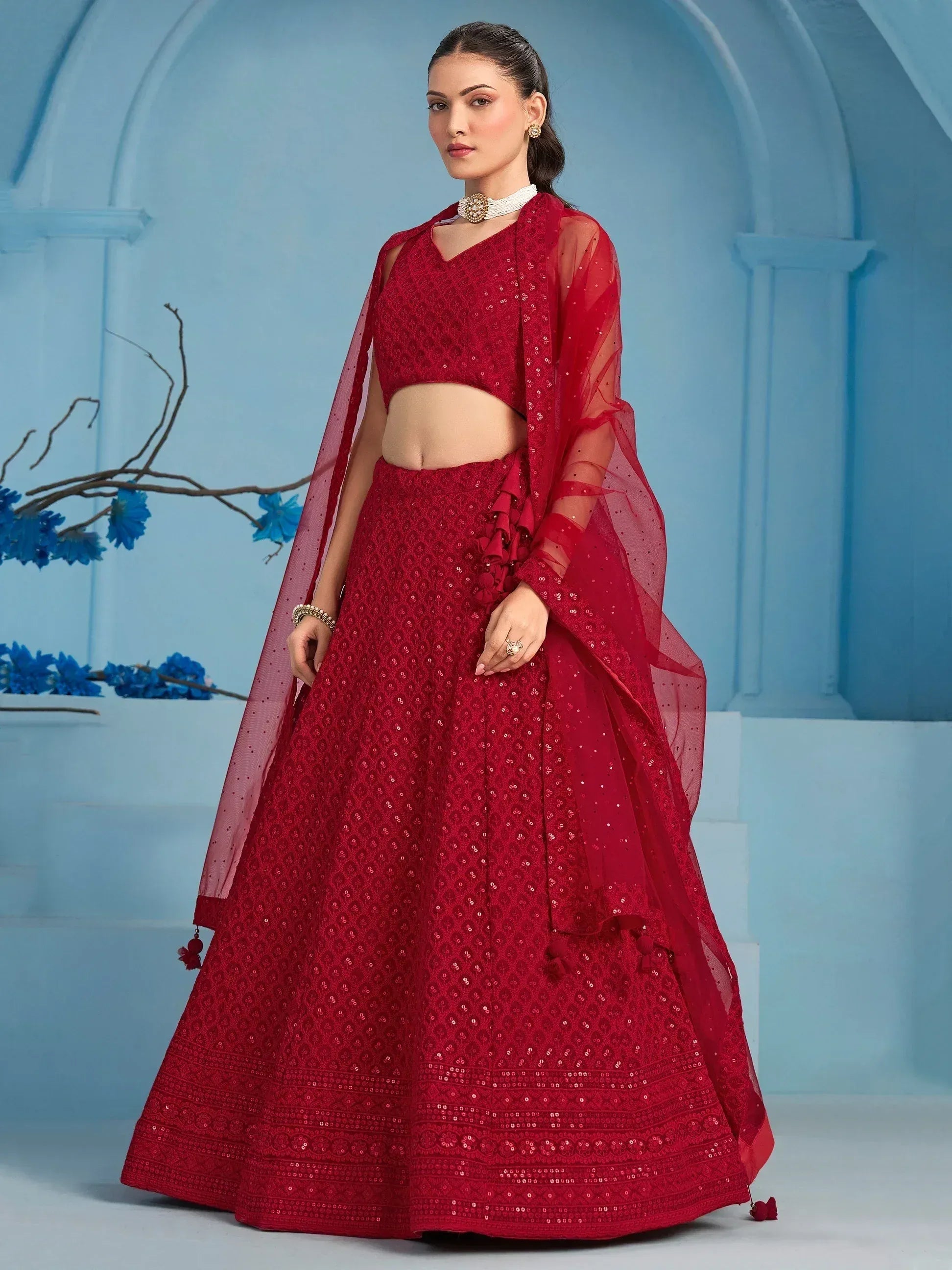 Red sequined lehenga choli with sheer dupatta, Indian ethnic wear for weddings and parties