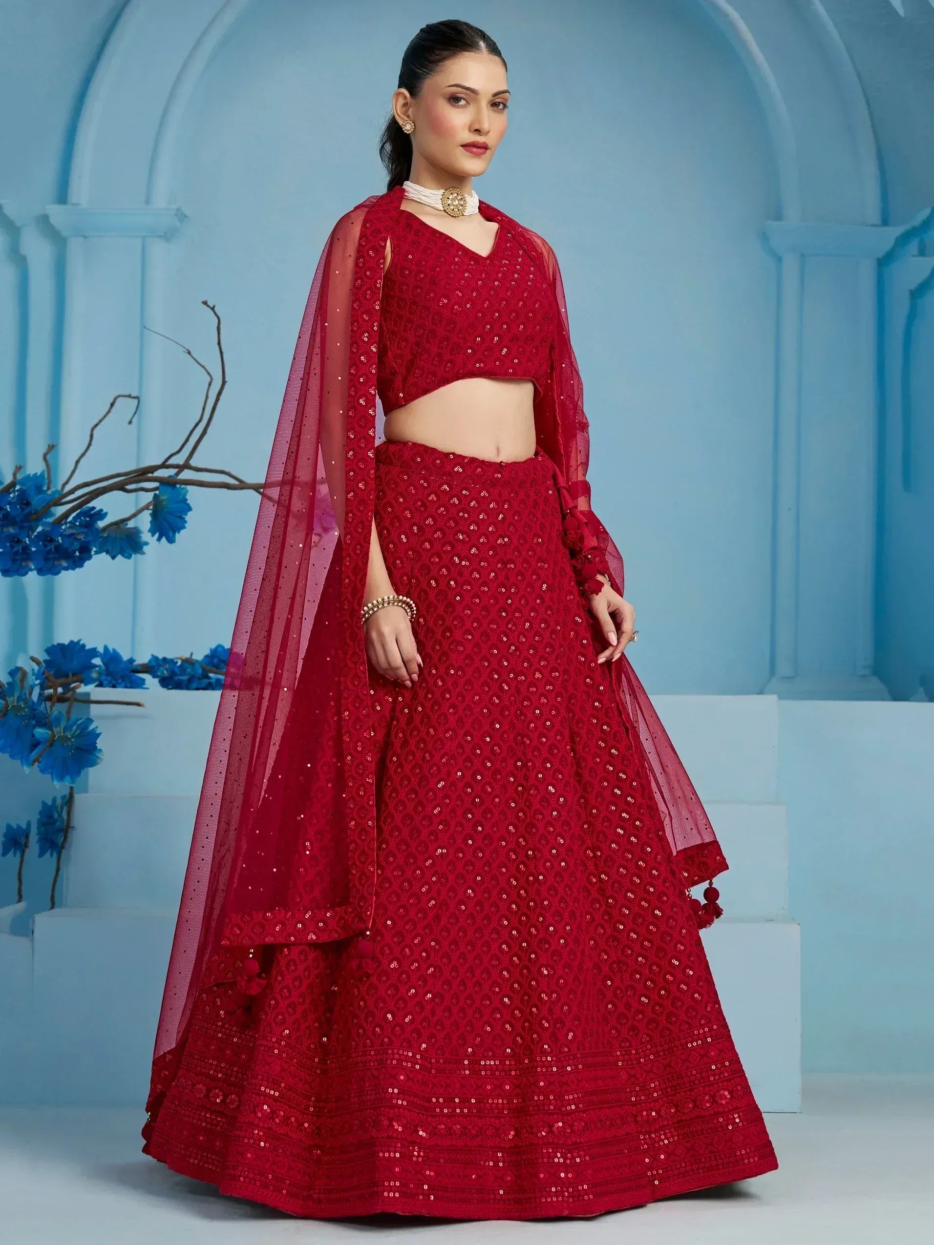 Red sequined lehenga choli with sheer dupatta, Indian ethnic wear for weddings and festivals