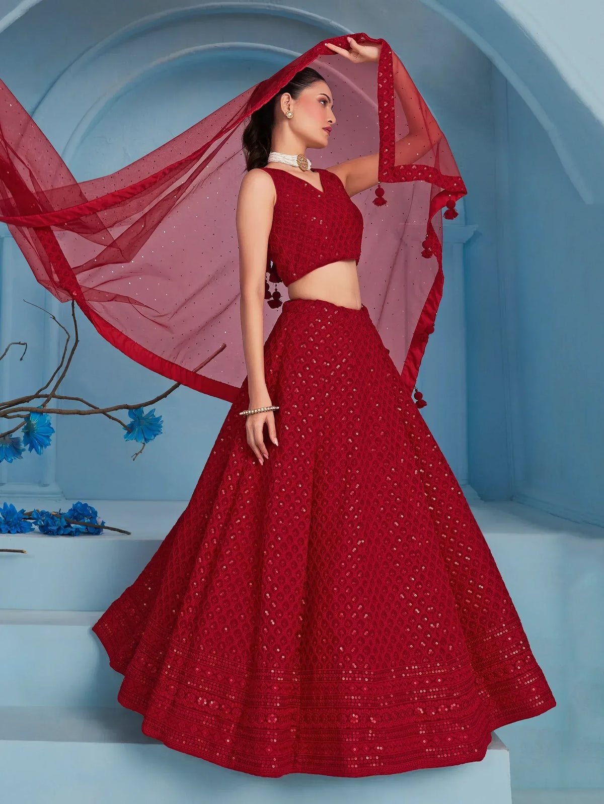 Red sequin lehenga choli with dupatta, Indian ethnic wear for weddings and festivals