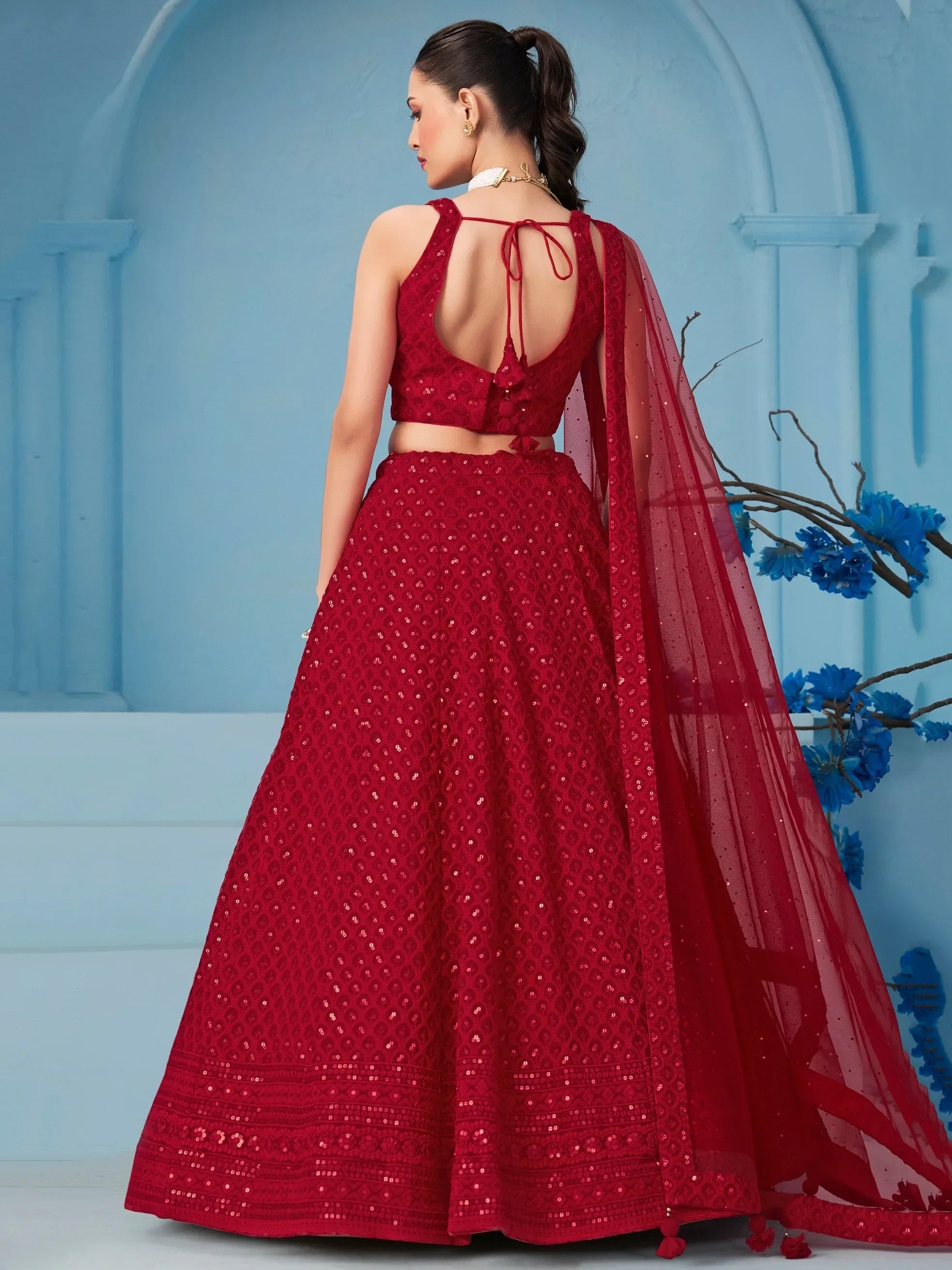 Fascinating Red Thread Work Georgette Wedding Wear Lehenga Choli - Ethnic Plus In