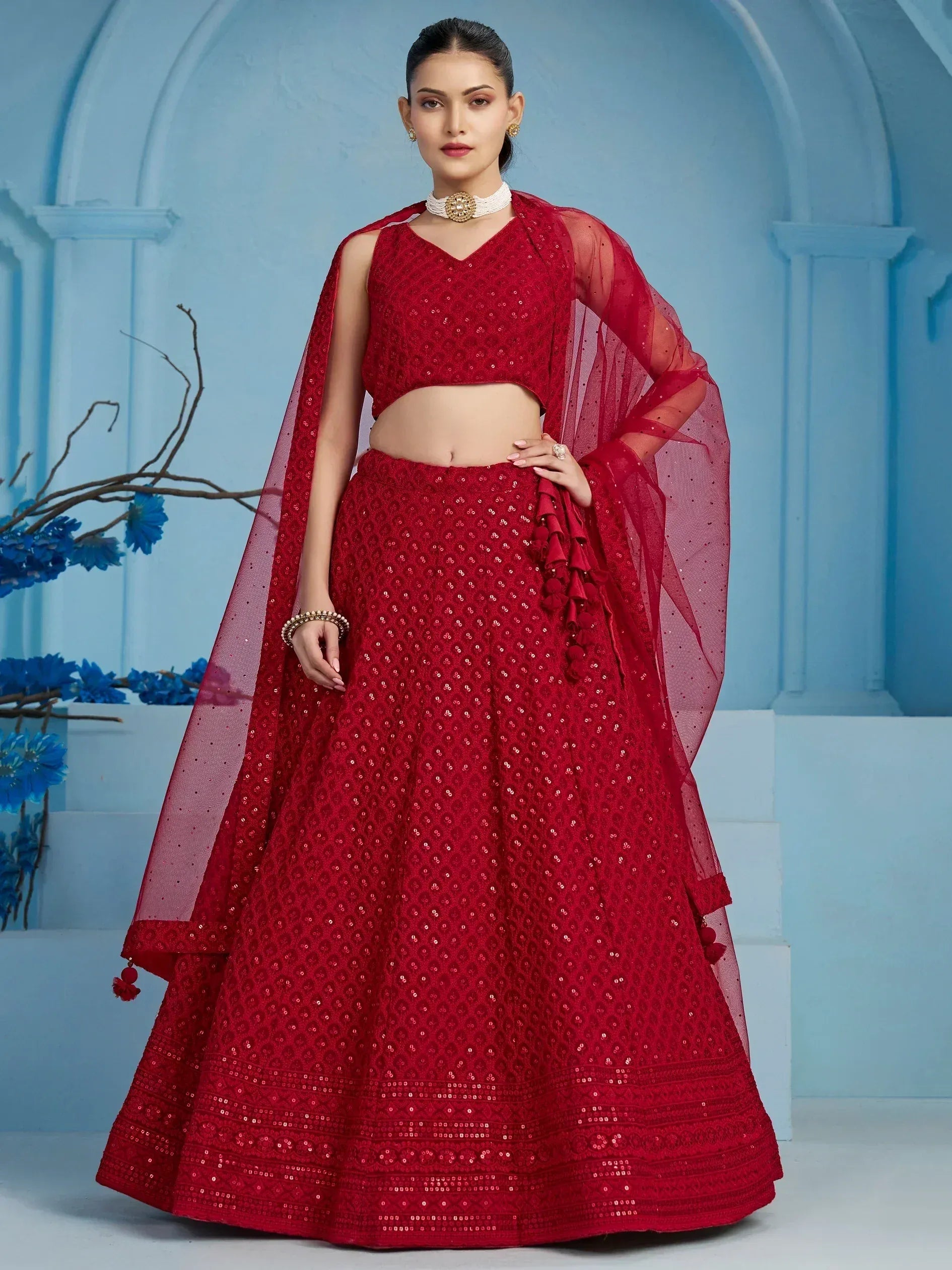 Red sequined lehenga choli with sheer dupatta, Indian ethnic wear for weddings and festivals