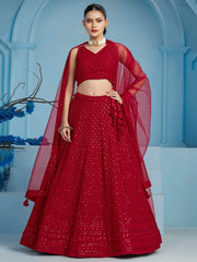 Fascinating Red Thread Work Georgette Wedding Wear Lehenga Choli - Ethnic Plus In
