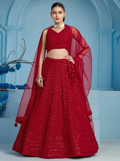 Fascinating Red Thread Work Georgette Wedding Wear Lehenga Choli - Ethnic Plus In