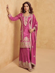 Fascinating Pink Zari Embroidered Chinon Eid Special Palazzo Suit