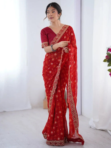 Fashionable Red Georgette Printed Wedding Wear Saree With Blouse - Ethnic Plus In